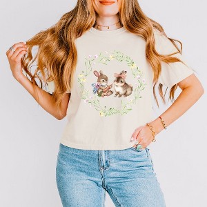 Simply Sage Market Women's Bunnies Floral Wreath Short Sleeve Relaxed Fit Cropped Tee - 1 of 4
