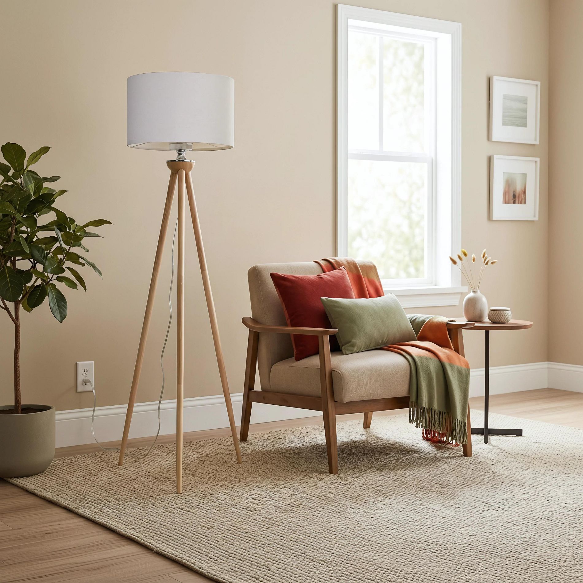 GDFStudio Apeliotes Traditional Three Legged Floor Lamp with Fabric Shade, Brown