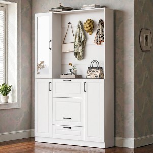 Mshliw 51.1 Inch Entryway Bench with Shoe Cabinet Mirror and Foldable Seat 3 in 1 Hall Tree with Hooks for Entrance Living Room - 1 of 4