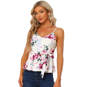 Allegra K Women's Floral Print Sleeveless V Neck Tie Waist Peplum Cami Top - 1 of 4