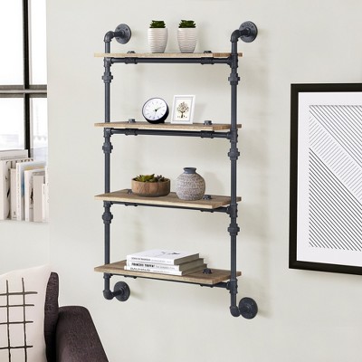 Vynxaria Oak and Sandy Black Rectangle 4-Tier Wall Shelf, Industrial Style