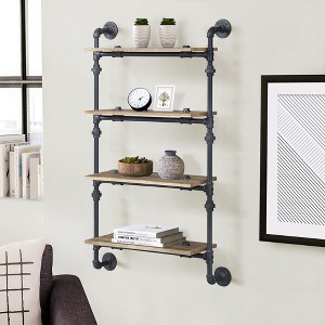 Vynxaria Oak and Sandy Black Rectangle 4-Tier Wall Shelf, Industrial Style - 1 of 4