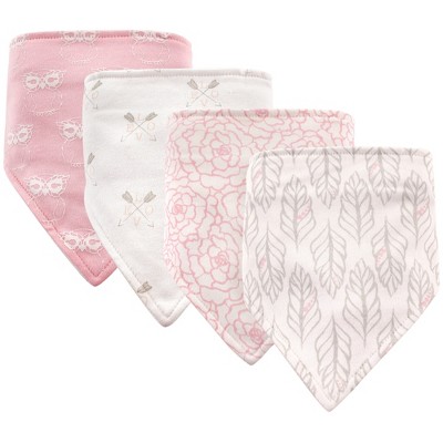 Hudson Baby Infant Girl Cotton Bandana Bibs 4pk, Gray Feather, One Size