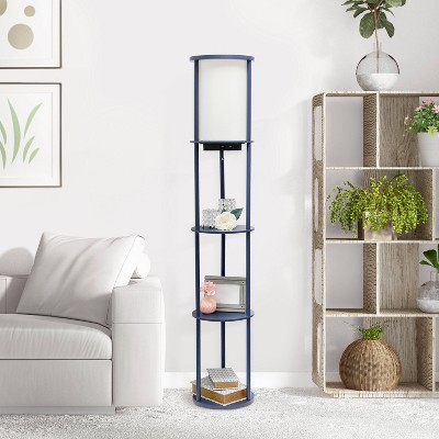 Navy Modern Shelf Etagere Floor Lamp with USB Charging Ports