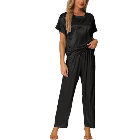cheibear Womens Satin Pajamas Summer Outfits Short Sleeves Tops with Pants  Silky Lounge Sets Black Small