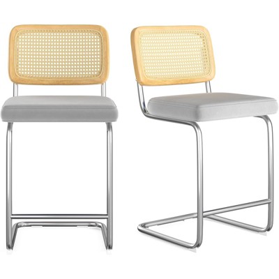 Fontoi Counter and Bar Stools, 2PCS Velvet Counter Height Chairs with Rattan Back, 24 inch Stools Armless Bar Chairs, Gray, 18.9"*17.7"*37.4"