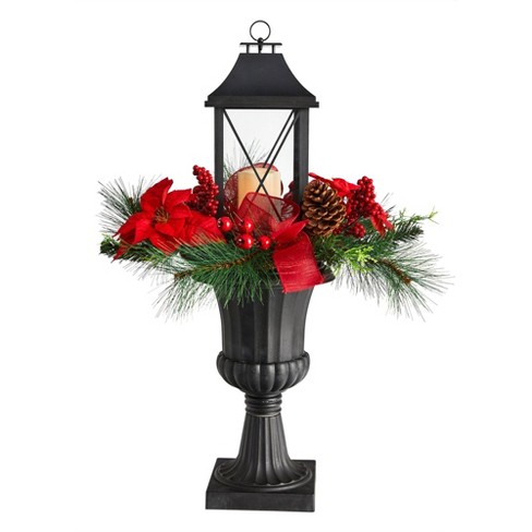 Nearly Natural 33-in Holiday Christmas Berries and Poinsettia with Large  Lantern and Included LED Candle Set in a Decorative Urn Porch Decor