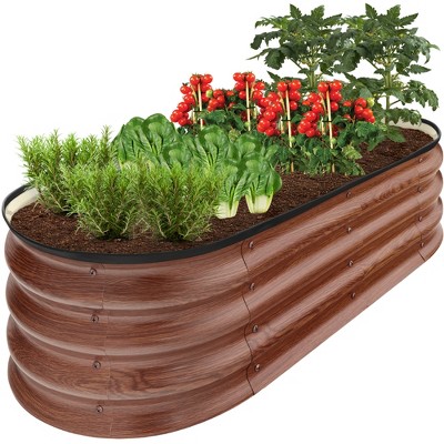 Best Choice Products 4x2x1ft Outdoor Raised Metal Oval Garden Bed, Planter Box for Vegetables, Flowers - Wood Grain