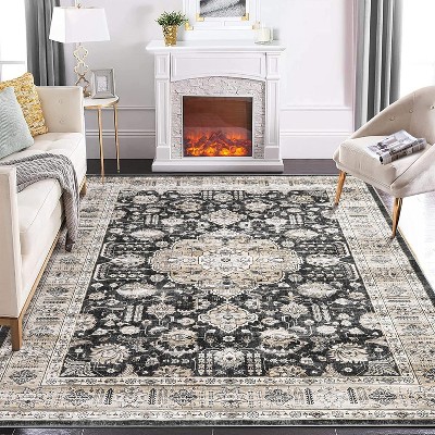 Washable Vintage Runner Rug, Soft Faux Wool Low Pile Carpet, Non-Slip Stain Resistant Hallway Kitchen Bedroom Living Room Laundry Rug