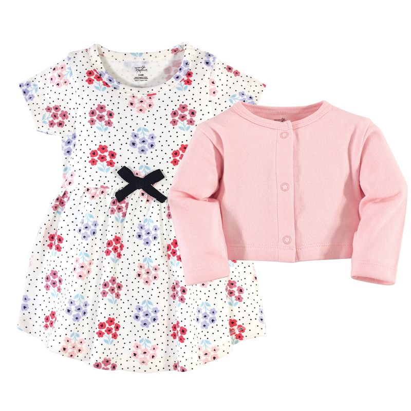 Touched by Nature Baby and Toddler Girl Organic Cotton Dress and Cardigan 2pc Set, Floral Dot, 3 of 6