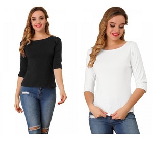 Allegra K Women's Classic Solid Elbow Sleeves Round Neck Slim Fit T-Shirts 2 Packs - 1 of 4