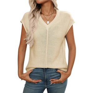 Women's Sleeveless Sweater Vest Casual V Neck Cap Sleeve Knit Pullover Tank Tops - 1 of 4
