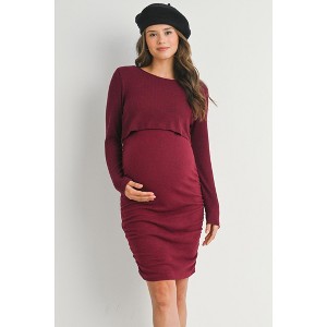 Hello Miz Women's Ribbed Long Sleeve Side Ruched Maternity Nursing Dres - 1 of 4