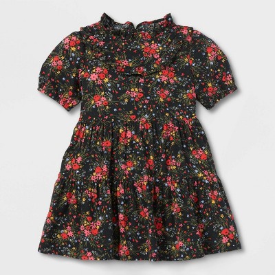 Toddler Girls' Floral Ruffle Mock Neck Short Sleeve Dress - Cat & Jack™ Black