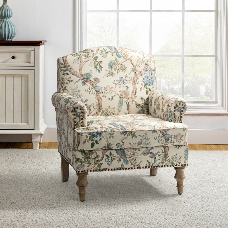 Yahweh Wooden Upholstered  Floral Pattern Design Armchair with Panel Arms and Camelback for Bedroom  | ARTFUL LIVING DESIGN, 2 of 11
