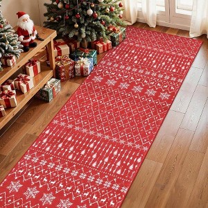 Christmas Runner Rug Red Non - Slip Washable Low Pile Carpet for Hallway, Kitchen, Entryway, Bathroom - Xmas Holiday Decor - 1 of 4