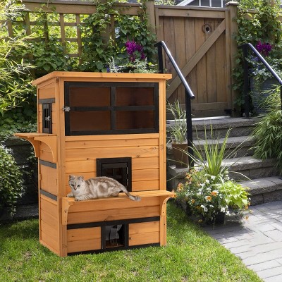 3 Story Outdoor Wooden Cat House with Asphalt Roof Raised Floor Escape Doors Jump Platforms,Feral Cat Shelter for Multiple Cats - LAOTIES