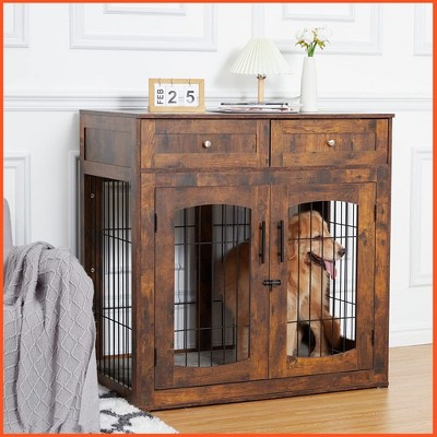Dog Crate Furniture with Drawers,39.4'' Wooden Dog Kennel Indoor with Cushion, Crate End Table Up to 70 Lbs