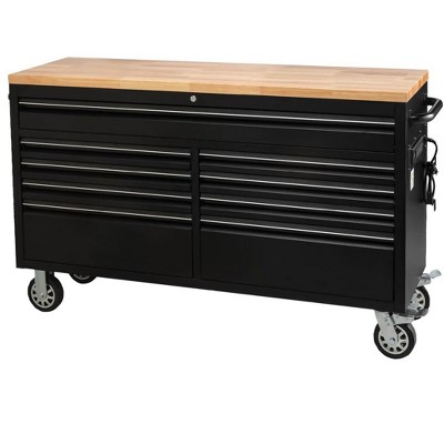 61" Rolling Tool Chest with Rubber Wood Top, Heavy-Duty Garage Workbench with 9 Drawers Mobile Workbench, Lockable Metal Storage Cabinet