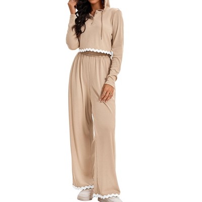 ATHLECHIC Women's Casual Lounge Cropped Half Button Hoodie Top Wide Leg Pants Ribbed Knit Tracksuit Two Piece Sets