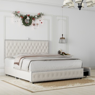Okak Platform Bed Frame Upholstered Bed with Adjustable Height Headboard and USB Charger Music Speaker Star Projector 4 drawers Noise-Free
