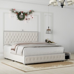 Okak Platform Bed Frame Upholstered Bed with Adjustable Height Headboard and USB Charger Music Speaker Star Projector 4 drawers Noise-Free - 1 of 4