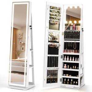 Costway 360° Swivel Jewelry Cabinet with Lighted Full Length Mirror & Back Shelves, Lights Brown/White - 1 of 4