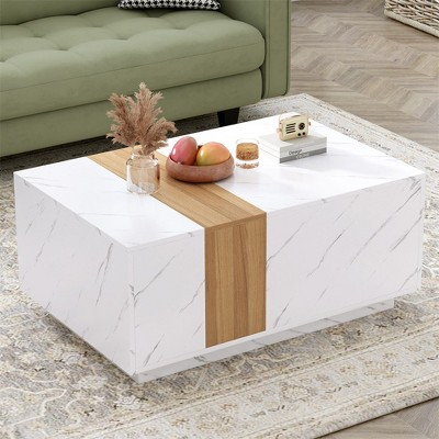 35.4 Inch Modern Coffee Table, 2-Tone Faux Marble And Walnut Wood Rectangular End Table