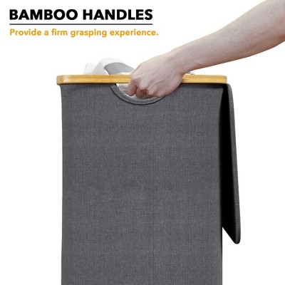 Gray Collapsible Upright Laundry Hamper with Bamboo Lid
