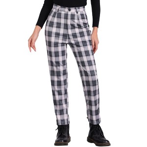 Allegra K Women's Plaid Tartan High Waisted Button Casual Pants - 1 of 4