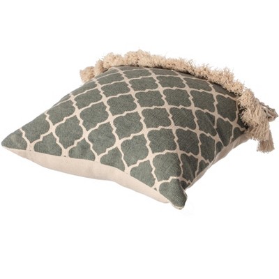 Handwoven Green Cotton Throw Pillow with Tasseled Trim