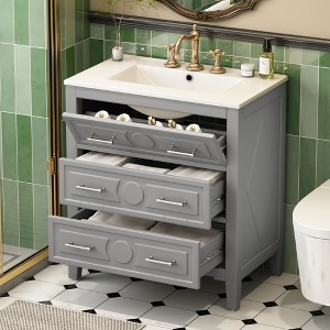 TiramisuBest 30'' Bathroom Vanity with Ceramic Sink Combo, Free Standing Single Vanity Set with 3 Drawers, Solid Wood Frame Bathroom Storage Cabinet - 1 of 4