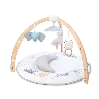 Wooden Baby Play Gym with Mat, Foldable Baby Play Gym Frame Activity Gym  Hanging Bar with 5 Gym Baby Toys Rainbow Playmats Gift for Newborn Baby