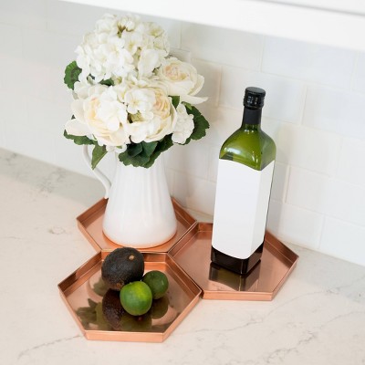 Hexagonal Copper-Plated Stainless Steel Decorative Trays, Set of 3