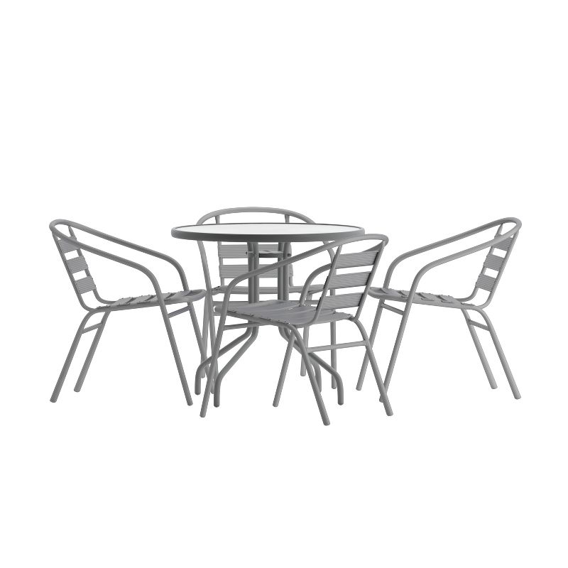Flash Furniture Lila 31.5'' Round Glass Metal Table with 4 Metal Aluminum Slat Stack Chairs, 1 of 13