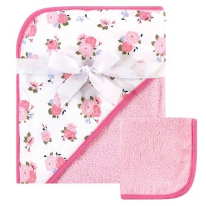 Luvable Friends Infant Girl Cotton Hooded Towel and Washcloth, Floral - 1 of 3
