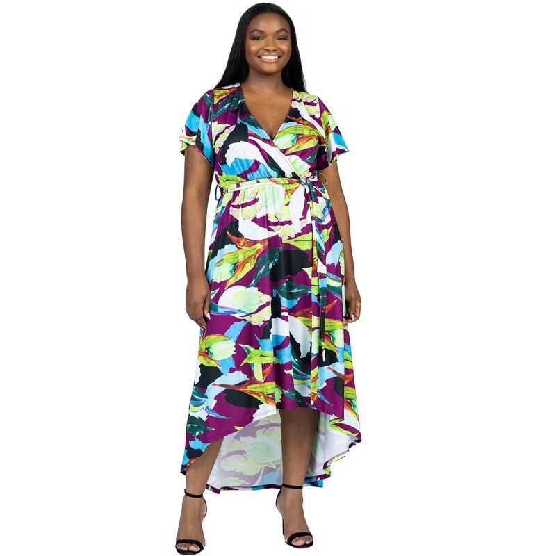 24seven Comfort Apparel Plus Size Colorful Floral V Neck Belted High Low Faux Wrap Dress, 4 of 7