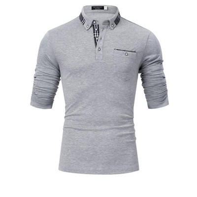 Mens Long Sleeve Polo Shirts Slim Fit Casual Plaid Collar Golf Shirt with Pocket Heather