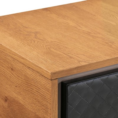 Rustic Oak & Black Leather Tufted 1-Drawer Nightstand