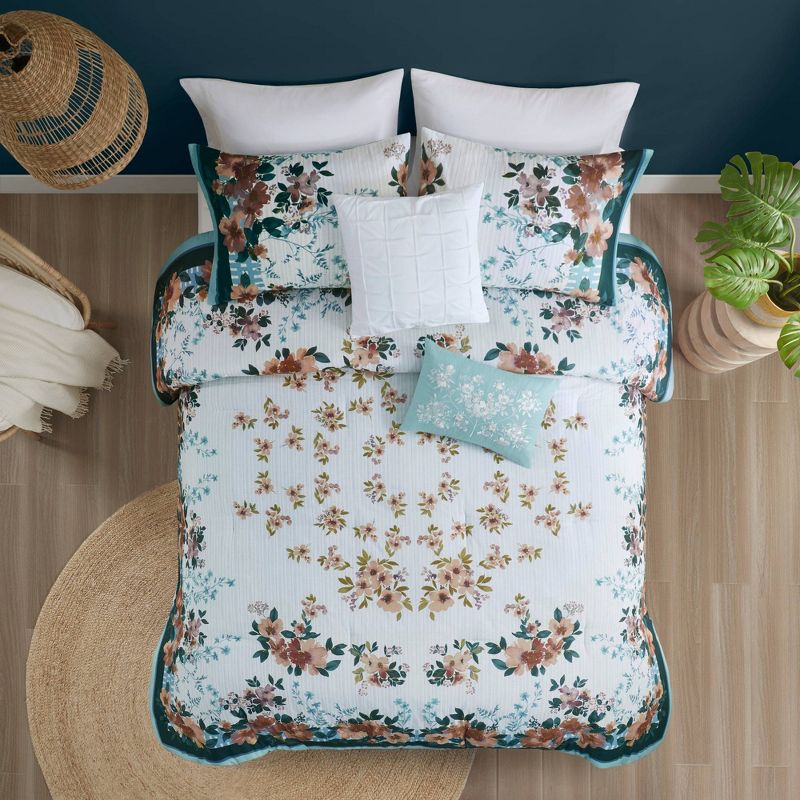 Madison Park 5pc Everly Cotton Floral Comforter Bedding Set with Throw Pillows Teal Blue, 1 of 13