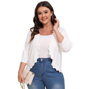 Womens 3/4 Sleeve Knit Cardigan Casual Scallop Hemline Open-Front Shrug Sweaters - 1 of 4