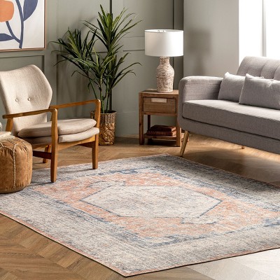 Peach Floral Bliss 4' x 6' Easy-Care Synthetic Area Rug