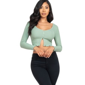 Slickblue Women's Ribbed Long Sleeve Button-Front Top, Cropped Fit, Casual Stretch Style, 10 Color Options, Size S-L - 1 of 4