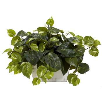 Nearly Natural 14-in Pothos w/White Wash Planter Silk Plant