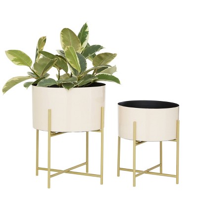 Set of 2 Metal Enamel Planters White/Gold - Olivia & May