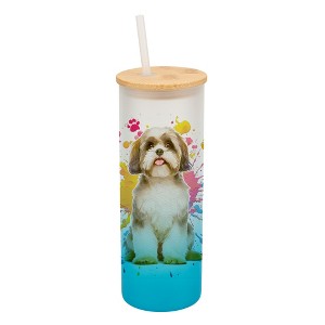 100 North 25 Ounce Frosted Glass Gradient Travel Tumbler With Straw & Wooden Lid, Shih Tzu Dog Paint Splatter Sky Blue - 1 of 4