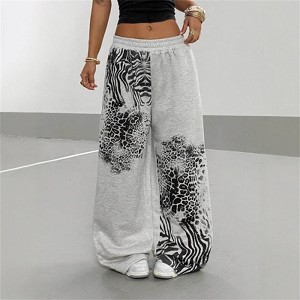 Clotth Women's Leopard Print Pants - Elastic Waist Wide Leg Baggy Sweatpants, Y2k Streetwear, Casual Loose Fit, Grey with Black & White Print - 1 of 4