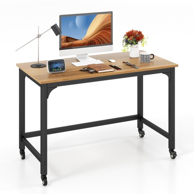 Tangkula 48” Rolling Computer Desk Mobile Study Writing Desk with Metal Frame Movable Home Office Desk Natural/Black