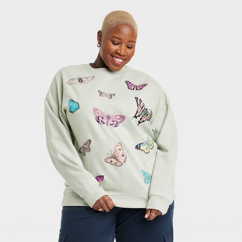 Women's Butterfly Graphic Sweatshirt - Light Green 2X