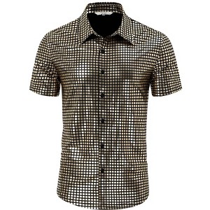 Mens Button Down Disco Shirt Metallic Sequins Shiny Short Sleeve Party Shirts Nightclub Costume Top - 1 of 4